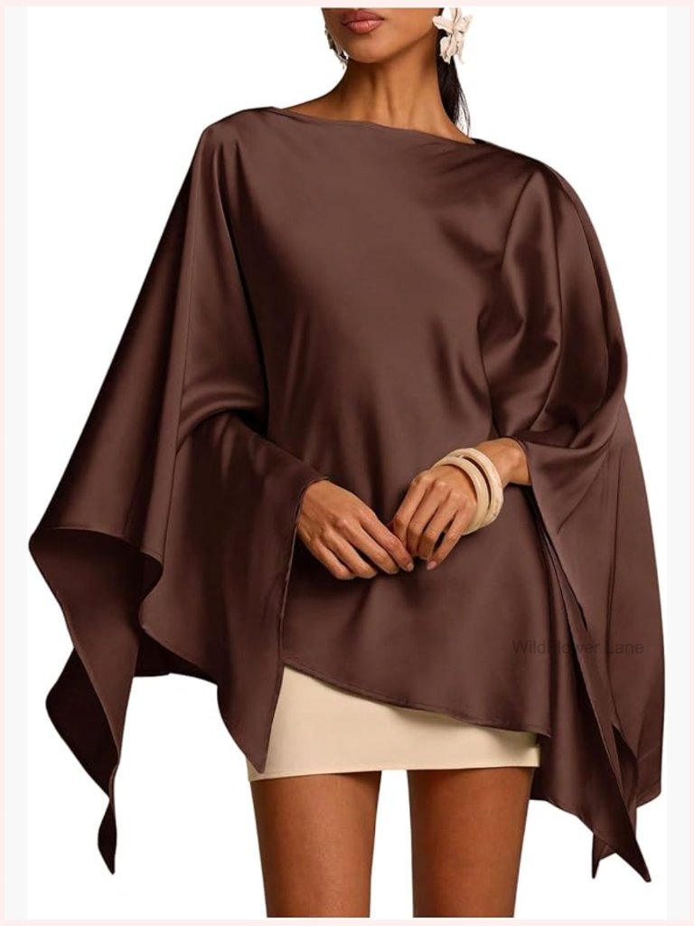 Women's Satin Poncho Top 3/4 Sleeve Boat Neck Asymmetrical Blouse Silk Shirt